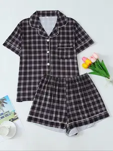 Women's Pajama, Casual Comfortable Short Sleeve Pocket Shirt & Elastic Waist Shorts PJ Set, Casual Comfy Pajama, Ladies Sleepwear for All Seasons, Nightwear Loungewear Set, Loungewear