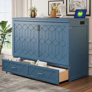 ARCH Queen Size Murphy Bed Wall Bed with drawer and a set of Sockets & USB Ports, Navy Blue