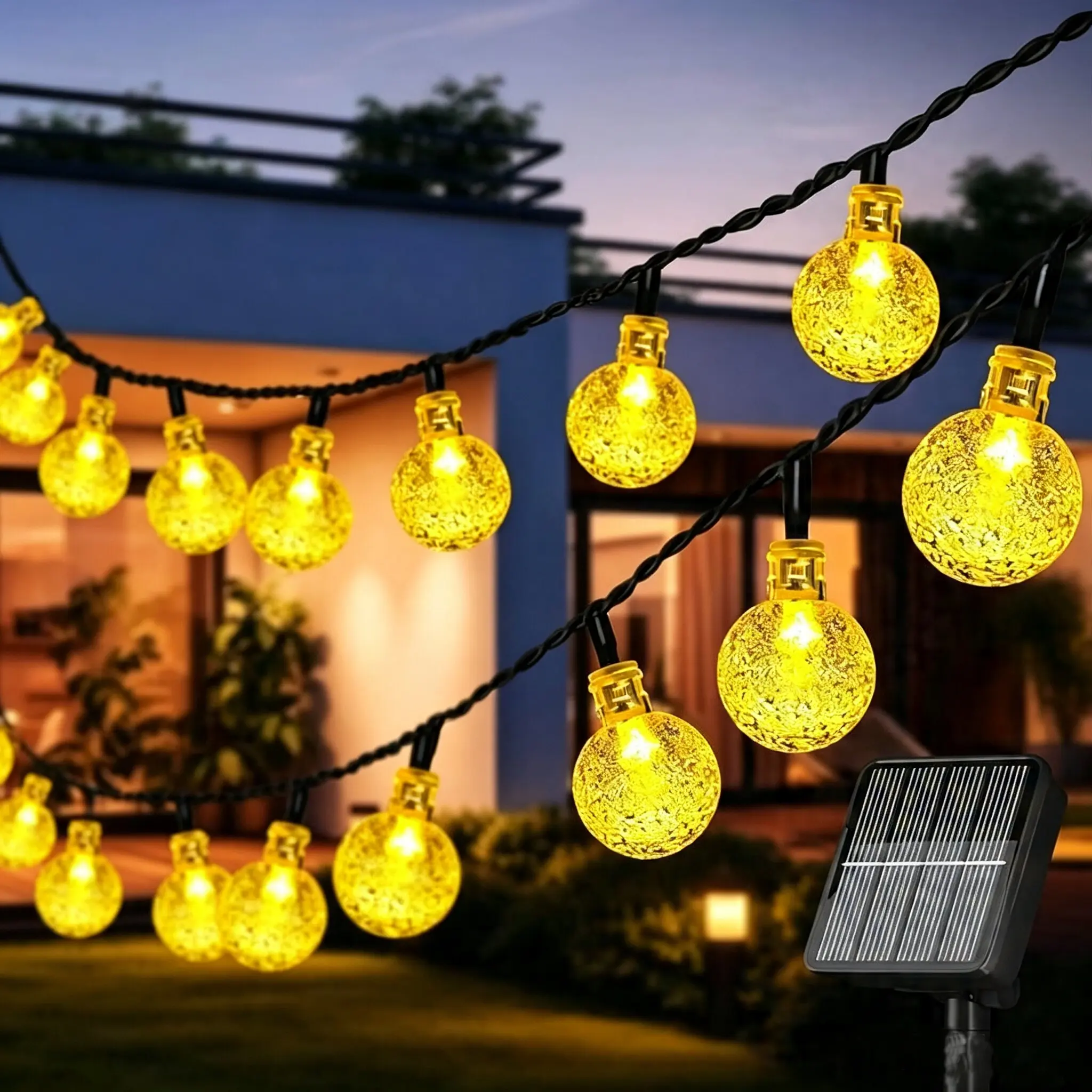 Solar string lights for outdoor use, 17 ft crystal globe string lights with 20 LEDs, solar-powered outdoor lights with 8 lighting modes, patio hanging lights for garden, camping, and party décor, warm white