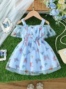 Baby girl summer dreamy style, colorful butterfly print, shoulder strap, mesh skirt, short sleeved dress, birthday, travel, baby clothes