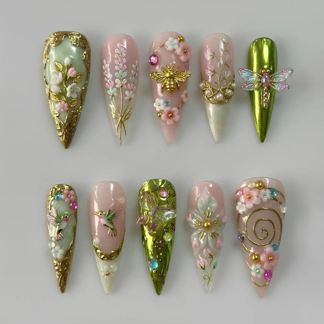 Fairy Garden Press On Nails | 3D Hummingbird Bee Dragonfly Floral Nail Art | Pink Green Gold Long Stiletto Nails | Handmade Spring Fantasy Nail Set