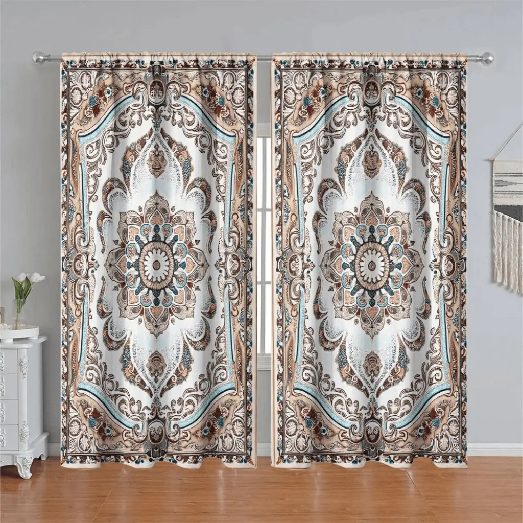 2Pcs Bohemian Mandala Printed Curtains, Pole Pocket Style, Semi Sunshade, Suitable for Home Living Room, Bedroom, Balcony, Kitchen, Study and Shower Window Decoration, Accessory, Anti Privacy.