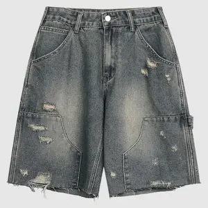Men's High Cotton Y2K Vintage Carpenter Denim Shorts, Retro Faded Blue Washed Baggy Jorts with Distressed Rips & Raw Frayed Hem, Grunge Streetwear Casual Jean Shorts for Men