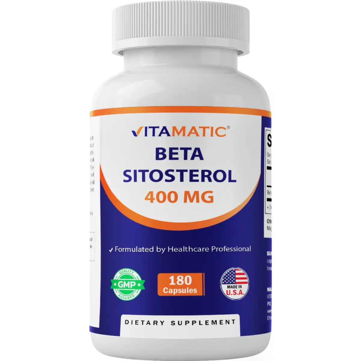 Vitamatic Beta Sitosterol 400 mg Dietary Supplement, 180 Capsules, Lactose Free, Supports Metabolism, High-Quality, Made in the U.S.A., Dairy Free Supplement, Capsules Vitamins Supplements