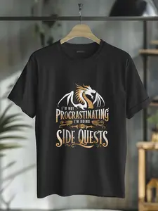 100% Cotton I'm Not Procrastinating I'm Doing Side Quests Dragon T-Shirt, Small, Black