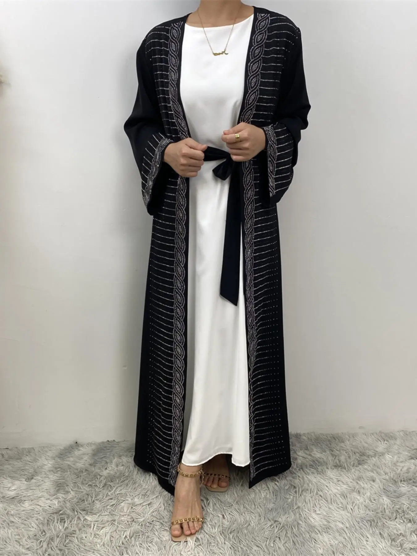 Women's Rhinestone Decor Open Front Abaya with Waist Belt, Modest Long Sleeve Kimono Sleeve Outerwear for All Seasons, Summer Outfits 2024, Arabic Clo