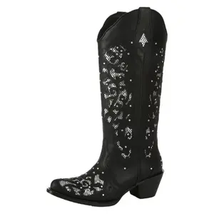 Western Cowboy Boots for Women Comfortable Calf Black Cowgirl Boot Sparkly Rhinestone Wedding Trendy Vintage Tall Glitter Boot Embroidery Chunky Heel