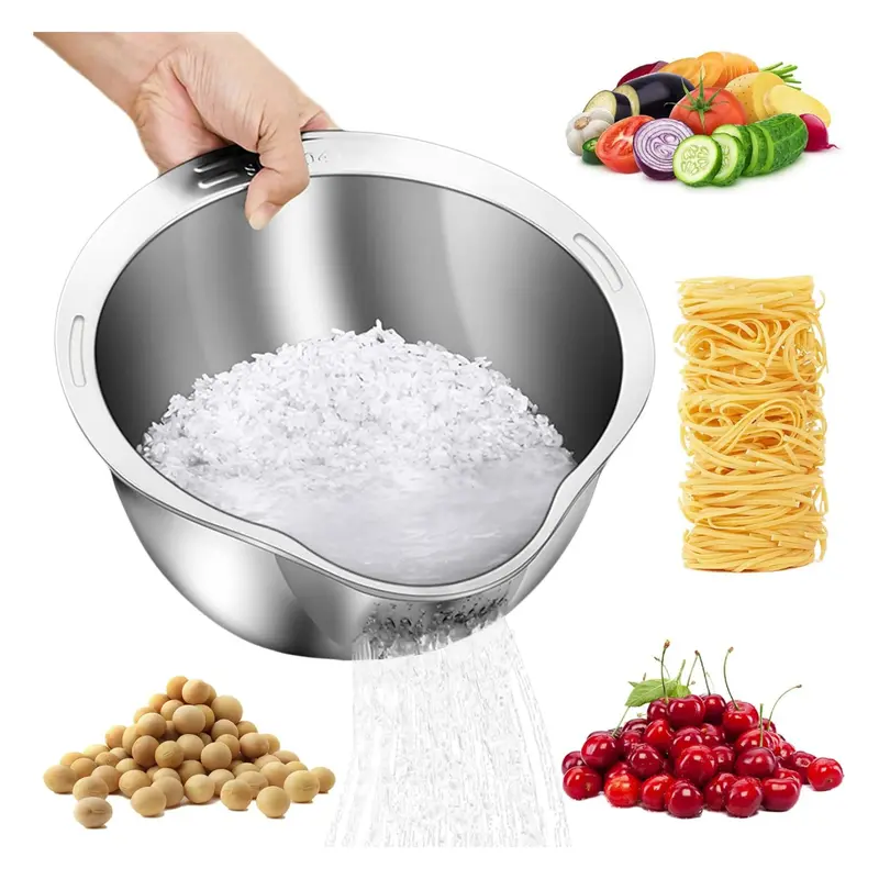 Rice Washer Strainer Bowl - 4-in-1 Washing Bowl for Quinoa, Stainless Steel Rinser With Side Drainers Small Colander for Cleaning Fruits, Vegetables, and Beans - Versatile Kitchen Tool