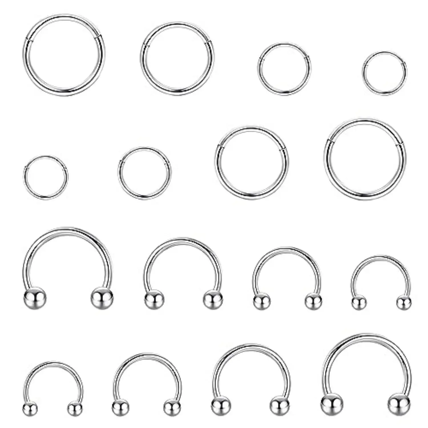 FLORIDECO 16Pcs Surgical Steel 16G Helix Tragus Hoop Earrings Segment Clicker Hinged Nose Rings Hoop Silver/Gold Horseshoe Lip Eyebrow Conch Septum Pi