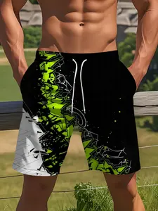 Men's Beach Shorts - Neon Green/Black/White Pattern Swim Trunks, Lightweight Non-Stretch Board Shorts, Suitable for Surfing, Pool, Vacation - Summer