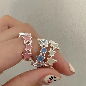 Irregular Pink Blue Stars Finger Ring Y2K Adjustable Party Rings For Woman Crystal Zircon Fashion Gifts Jewelry