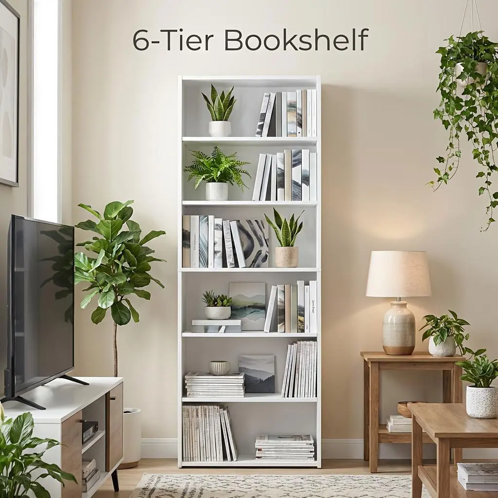 6-Tier Open Bookshelf Display - Space-Saving Bookcase for Home Office & Living Room, Book Organizer with Storage, Dining Room Shelf