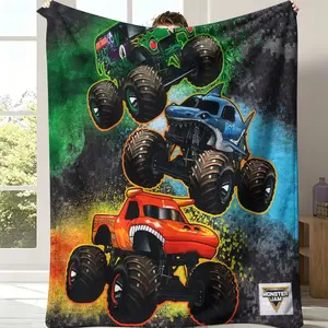 Monster Jam Trucks Flannel Throw Blanket - Grunge Background with Grave Digger, Megalodon & El Toro Loco Prints, Cozy Soft Blanket, Ideal Gift for Monster Truck Fans
