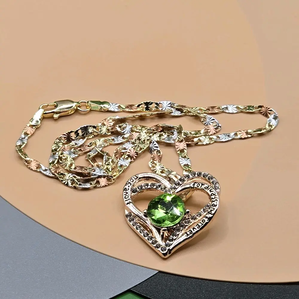 N46-Emerald Green Color Heart Pendant 1.1 Inch with 3mm 19.5 Inch Copper Gold Plated Chain in 3 Vibrant Colors. Not water resistant