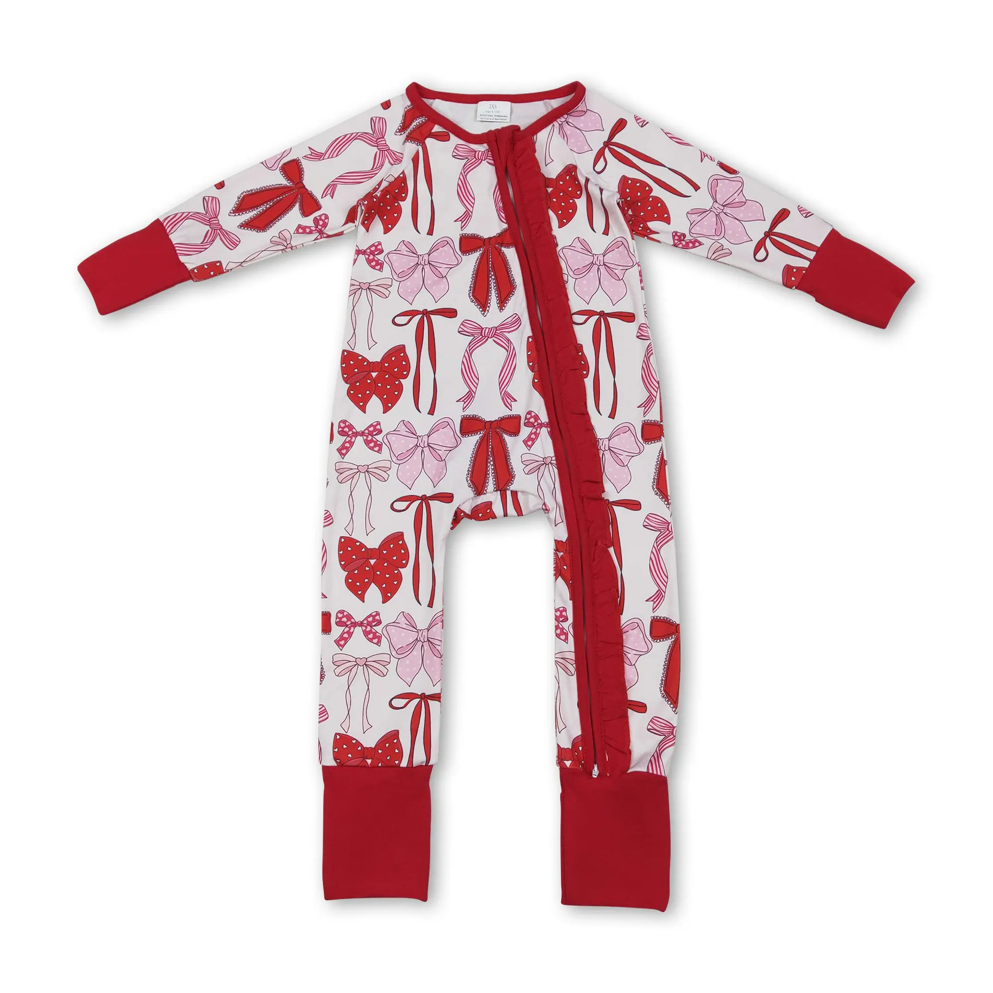 Infant Girl's Footie Jumpsuit, Long Sleeve Heart Print Cotton Bodysuit with Bow Headband, Zip-Up Valentine's Day Onesie Outfit, Infant Jumpsuit, Onesie Bodysuit, Infant Toddler Clothes