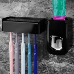 5 Slots Wall Mount Toothbrush Holder with Cover Self Adhesive Storage Organizer for Shower Automatic Toothpaste Squeezer Dispenser Black Bathroom Essentials