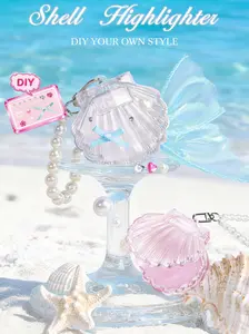 Shell-Shaped Bling Highlighter Balm, 4 Colors Shimmer Glitter Face Highlighter, Long-Lasting Brightening Highlighter Makeup with Pearl Chain for Mother's Day