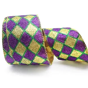 Mardi Gras Ribbons for Wreath Bows Wrapping Gifts, Plaid Glitter Green Purple Ribbons for Mardi Gras Carnival Decoration DIY Crafts, 2.5" X 10 Yards Mardi Gras Wired Edge Yellow Glitter Ribbon