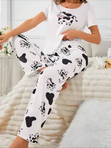 Cute Women's Cartoon Cow Print Pajama Set - Short-Sleeve Crew Neck Top with Elastic Waist Pants, Casual Sleepwear Loungewear, Pyjamas