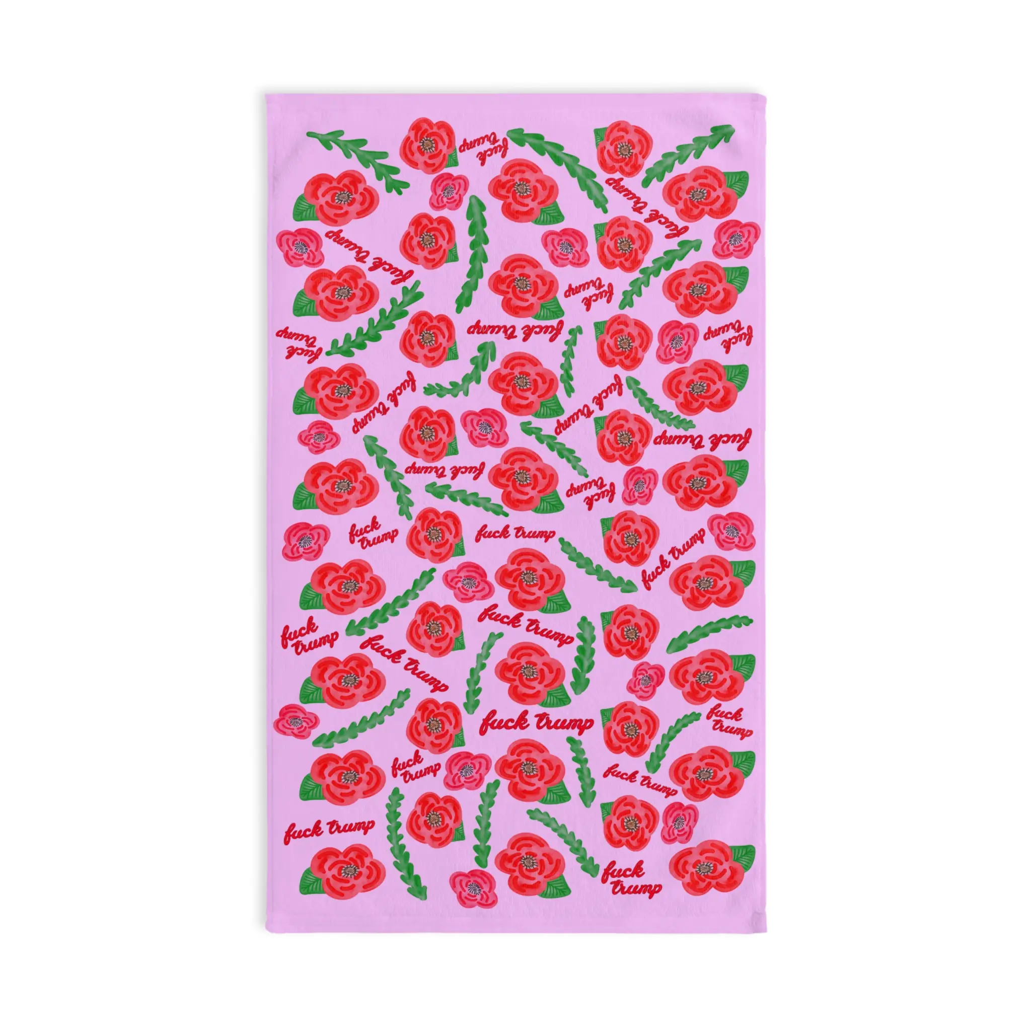 Subtle Red Poppies on Pink Hand Towel