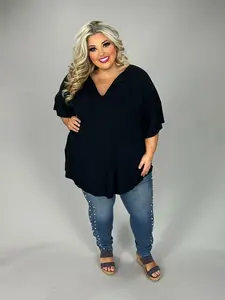 40 SSS {All A Dream} Black V-Neck Ruffle Sleeve Top  CURVY BRAND EXTENDED PLUS 3X 4X 5X