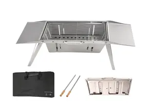 Foldable Barbecue Stand - Portable, Durable Stainless Steel BBQ Charcoal Grill, Foldable Trays & Handle, 30ss setup, 2 metal Skewers wood Handle, 1 Canvas Bag, Adjustable Cooking Height, Folds Small & Flat, Cooking Station, Outdoor, Camping Must Have