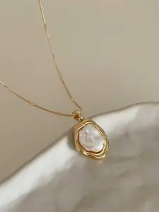 1 pc Irregular Baroque Pearl Pendant |,Gold-Plated Slender Chain |,Each Pearl Is Unique,French Retro Elegant Clavicle Chain |,Ins-Style Luxury Accessories |,Elegant Date And Dinner Item,The Perfect Birthday Gift For Your Girlfriend,Pearl Chain Necklace