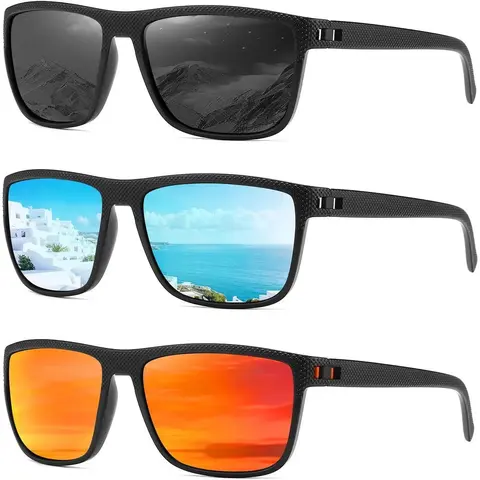 Unisex 3-Pack Black Polarized Square Frame Sunglasses for Adults - Modern 3-Way Style Mix Eyewear with Effective Polarized Lenses, UV Protection, Anti-Glare, Lightweight Durability for Driving, Fishing (Sports & Outdoor Cycling Gear)