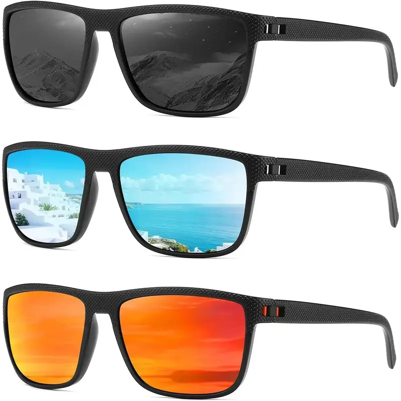 Unisex 3-Pack Black Polarized Square Frame Sunglasses for Adults - Modern 3-Way Style Mix Eyewear with Effective Polarized Lenses, UV Protection, Anti-Glare, Lightweight Durability for Driving, Fishing (Sports & Outdoor Cycling Gear)