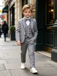 Boy's Elegant Formal Blazer Suit 4-Piece Fitted Set, Slim-Fitting Long Sleeve Jacket, Pants, Vest, Tie, Perfect for Weddings, Birthdays, Graduations, Classic Sets