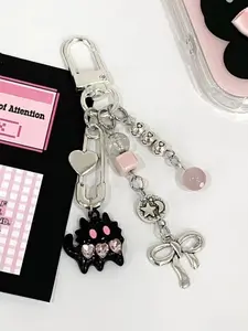 Cartoon Cute Black Cat Diamond Beaded Bow Key Chain Hanging Chain Jewelry Bag Keychain For Bags Sweet Y2k Style Accessories Gift for Friends