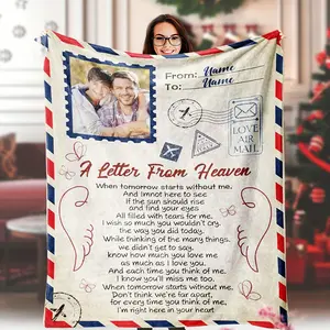 1pc Personalized Memorial Photo Blanket – "A Hug From Heaven" Soft Flannel Throw with Custom Name & Date, Comforting Tribute Gift for Family Members, Parents, Grandparents, Mom & Dad, All-Season Cozy Blanket in Mixed Colors, Sentimental Gift Blanket