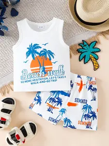 Boys' Coconut Tree Beach Print Sleeveless Vest Shorts Set, Breathable Fabric, Fun Sandy Elements, Suitable for 6 Months to 3 Years, Gift Sets, Summer Gift Set