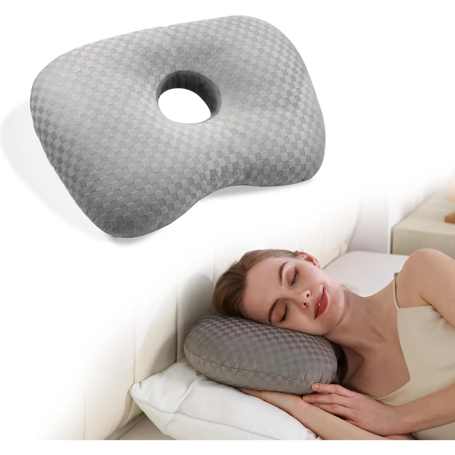 Ear Piercing Pillow with Hole for CNH And Ear, Pressure Sore Relief for Side Sleepers, Polyester Side Sleeper Pillow, Washable And Adjustable Ear Guard Pillow, Gray