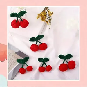 Crochet Cherry Keychain, Body with Stem and Leaves, Cute Small Charm, Bag Decoration, Clothing Accessory, DIY Craft Material