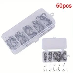 50pcs Curved Hook Set Fishing Hooks Texas Rig Lure Hooks Kit, Bass Fishing Tackle, Fishing Gear, Fishing Tool Kit, Sizes 2#, 1#, 1/0, 2/0, 3/0, Durable Fishhooks
