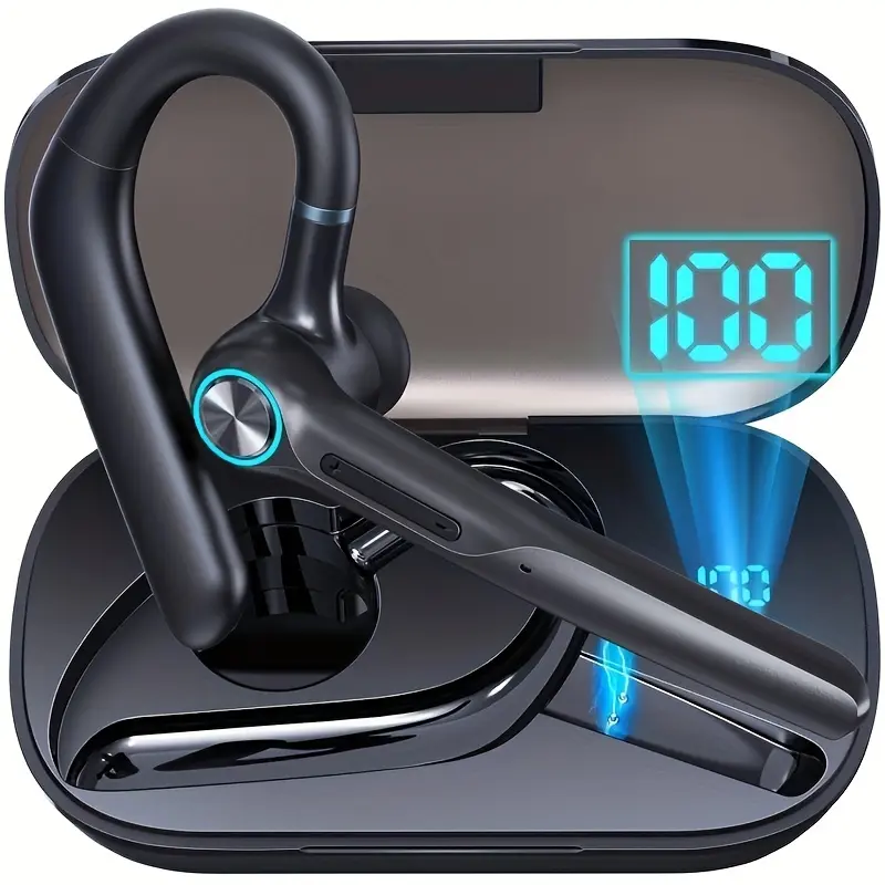 Wireless Single-Ear Electronic Audio Earbuds for Business Truckers, Closed-Back Plastic Design, 60-Hour Playback, Noise-Canceling Dual Mic, Push-Button Call Control, Rechargeable Type-C Charging, Recording Capability, Black, Tablet-Compatible, Headphone,,