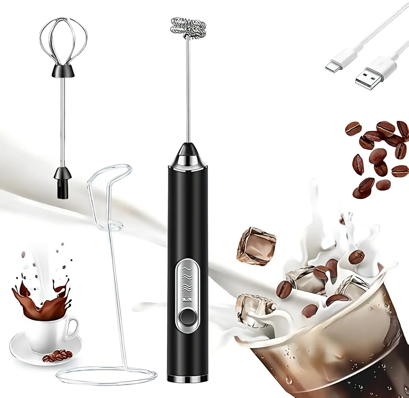Electric Milk Frother with 3 Heads, Cafe Essentials, Handheld Coffee Whisk Drink Foam Mixer, Rechargeable Mini Stirrer for Latte, Cappuccino, Hot Choc