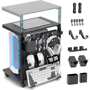 Tower Stand with Pegboard Organizer, Height Adjustable 2-Tier PC Tower Shelf for Floor with Accessories, CPU Holder Cart with Locking Wheels for  PC Gaming  Office, 24.2-29.5"