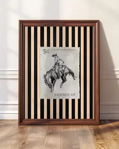 [Sale up to 50%] Rodeo Cowboy Postage Print, Western Wall Art with Stripes, Mid Century Rustic Ranch Home Decor, Vintage Horse Poster