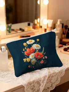 1pc, Compact Bright Floral Bouquet Print Corduroy Makeup Bag, Makeup Storage Bag, Lightweight Cosmetic Organizer and Toiletry Pouch, Suitable for Travel and Daily Use