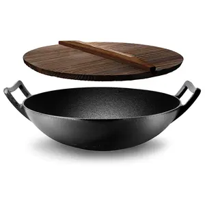 Nutrichef Cast Iron Stir Fry Wok with Wooden Lid