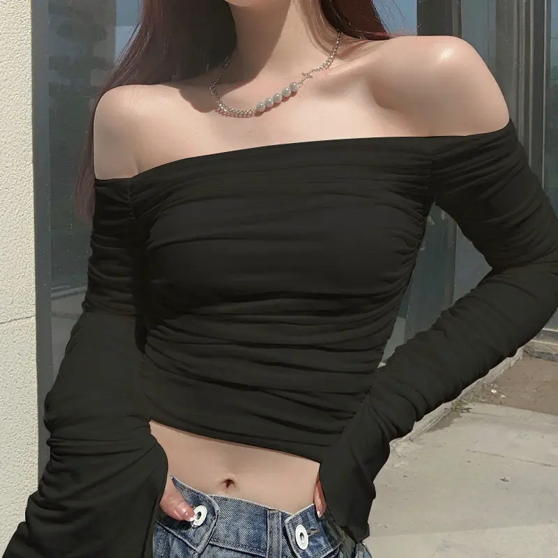 Off-Shoulder Mesh Flared Sleeve Shirt