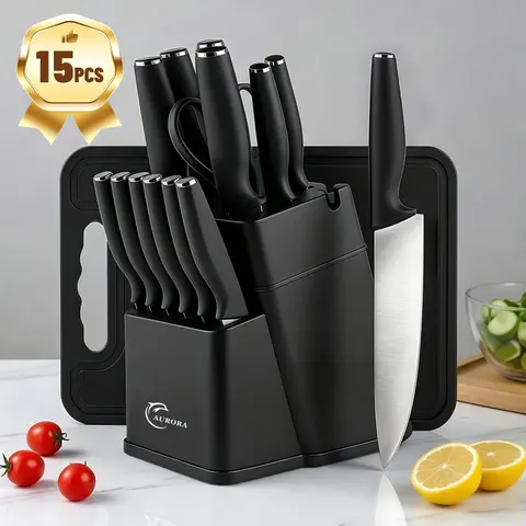 15-Piece German Steel Kitchen Knives Set with Block, Cutting Board & Wooden Self-Sharpening Tool - 48HRC+ Hardened Blades, Anti-Slip Handles, Black Finish, Dishwasher Safe, 12.2" Chef Reach, Durable Easy Maintenance Premium Kitchenware for Steak Prep