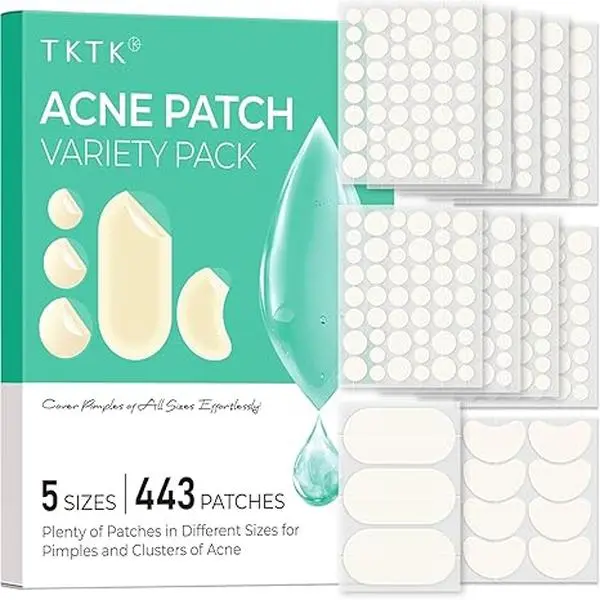 TKTK 443-Count Fragrance-Free Hydrocolloid Pimple Patches Bulk Pack - Multiple Sizes (Dots, Strips, Contoured), for Face Cheeks, Forehead, Chin Blemishes, Teens, Adults, All Skin Types, Self Care & Acne Clearing Products Foreheadstickers Chinblemishes,fam