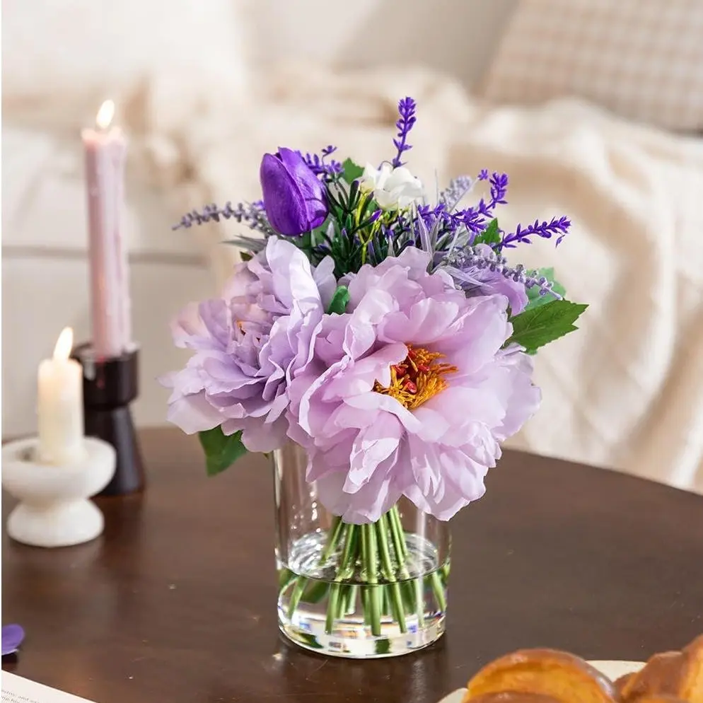 Lavender Purple Artificial Flower Bouquet with Fake Water in Glass Vase - Silk Peony, Fake Tulip, Lavender - Home Dining Table, Wedding Decor & Gift for Home Supplies, Decorative Displays