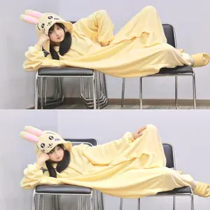 Chiikawa Usagi Women's Onesie Pajamas Coral Velvet Hooded Pajamas Girl Cartoon Hachiware Homeclothes Winter Warm Kawaii Homewear