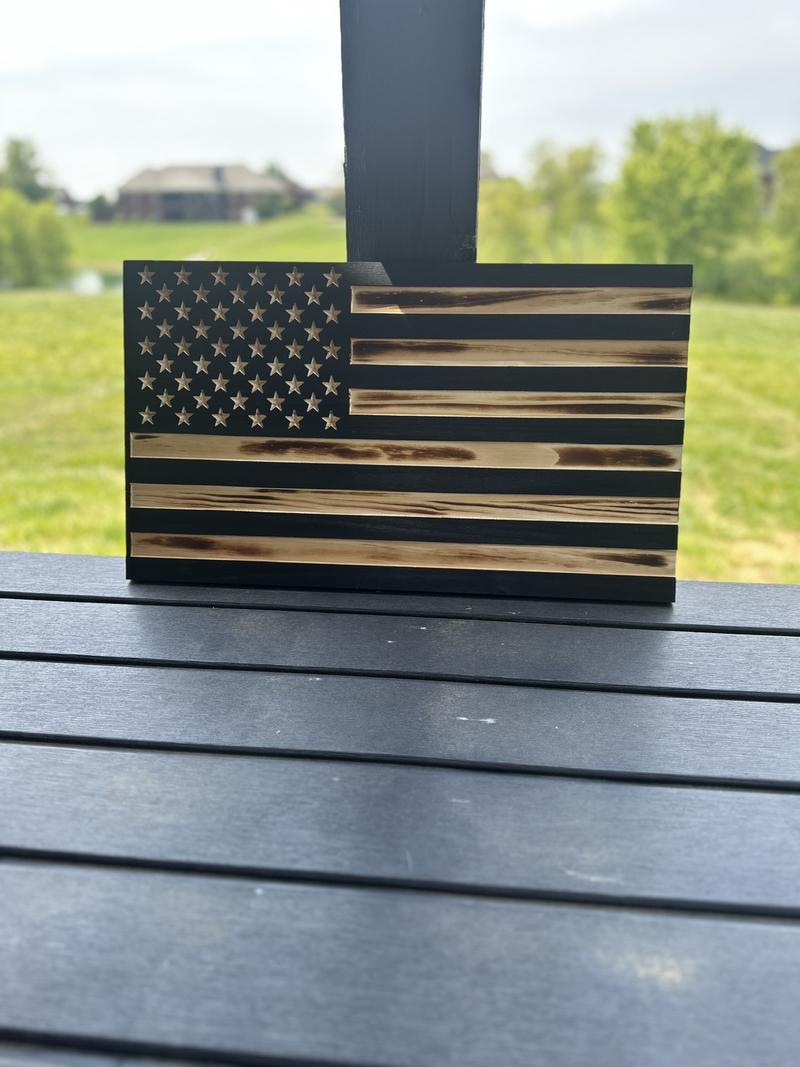 Custom engraved wooden American flags for police, firefighters, veterans or active duty military make great decor and hangable.