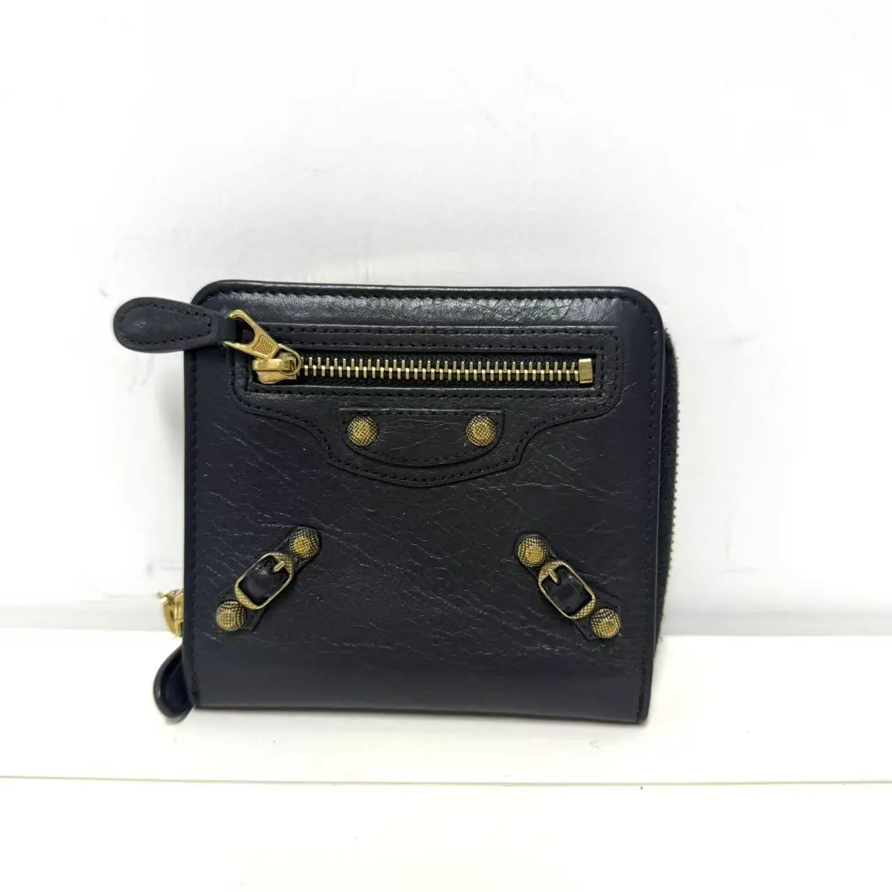 Pre-owned Balenciaga Calfskin Wallet Motocross Zip Around Black CPU0409