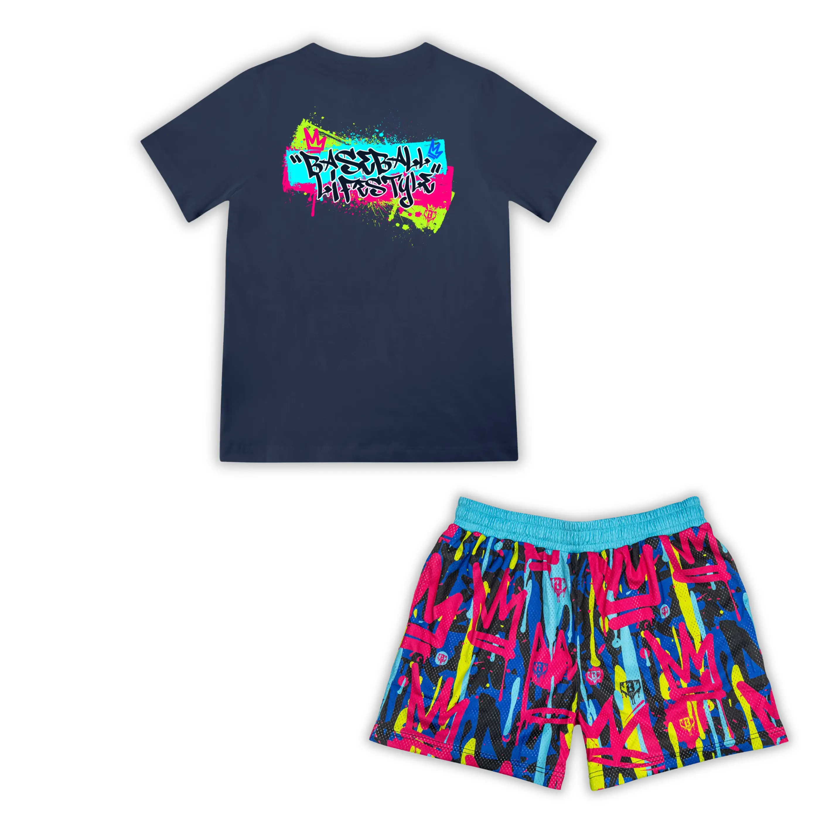 Baseball Lifestyle 101 Graffiti Crown Tee & Shorts Set, BL101 Matching Baseball Outfit